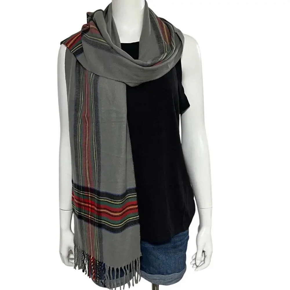 Cashmere Plaid Gray Red Black Fringe Scarf Made in Scotland 66” x 12”
